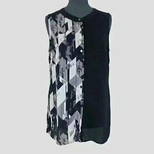 Cleo Petites Women’s Long Tunic Top M Black White Sheer Side Slits Button Front